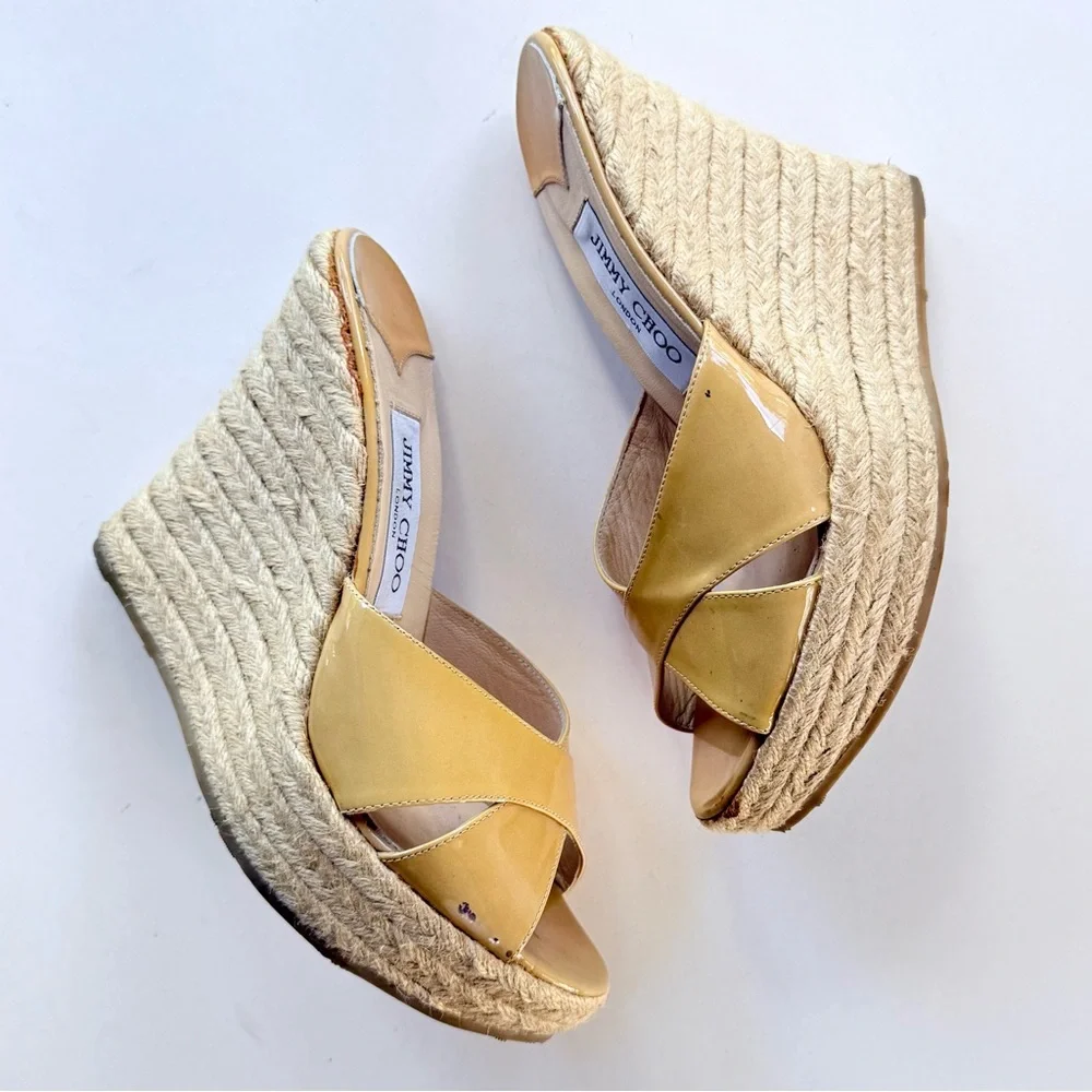 Jimmy Choo Patent Leather Espadrille Wedge Sandals Tan Camel 39